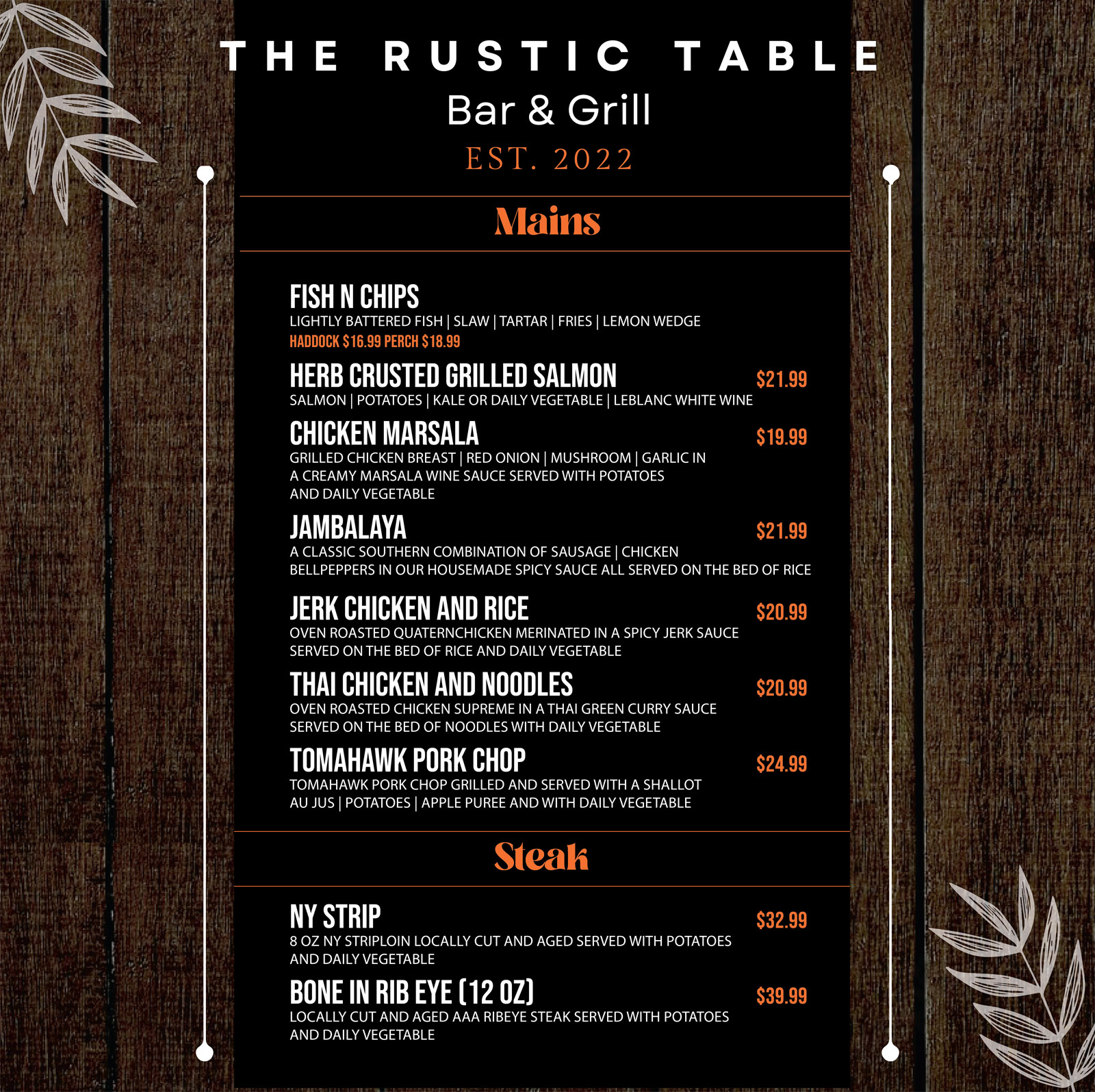 The rustic menu discount